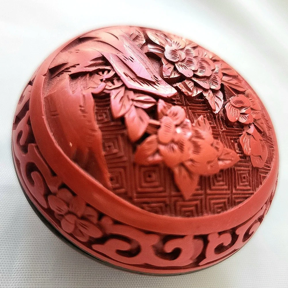 Chinese Cinnabar Lacquer Carved Floral Round Trinket Box Ancient Rare‎ Fine Art